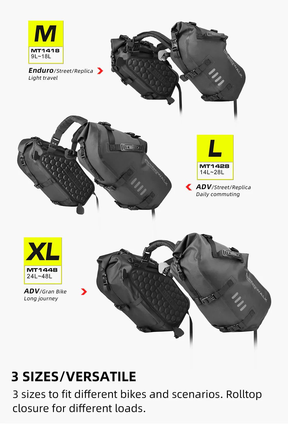 Rhinowalk 18L Rack less Pannier Saddle Soft Bags for Motorcycle Bike Outdoor Adventure Waterproof Side Motorbike Drypack (Pair-Set) (MT1418)